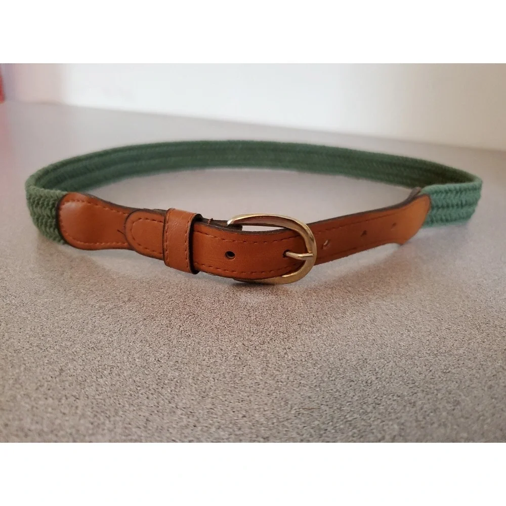 Rooster Braided Belt Womens Sz 28-30 Leather Trim Woven Cord Olive Green & Tan